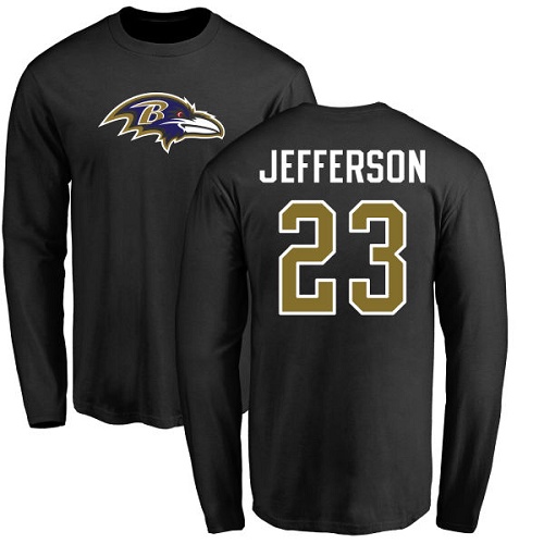 Men Baltimore Ravens Black Tony Jefferson Name and Number Logo NFL Football #23 Long Sleeve T Shirt